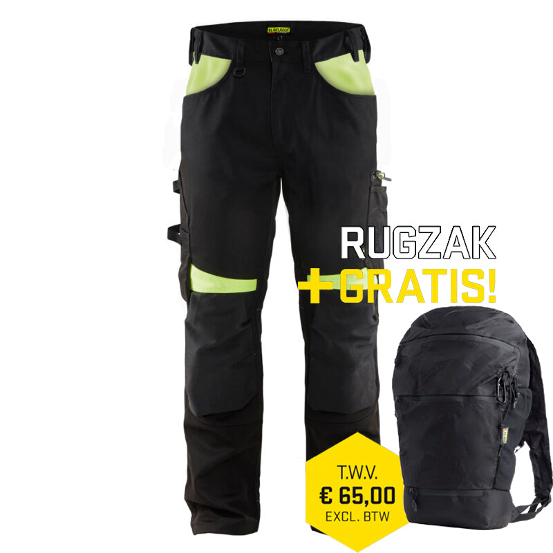 Blaklader werkbroek model 1556 in de kleur zwart en fluor geel.